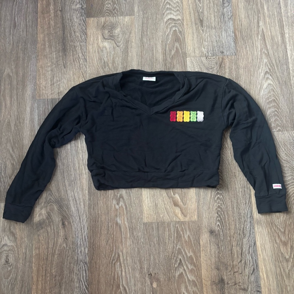Haribo Gummy Bear Long Sleeve Crop Top Black Graphic — Women’s Small